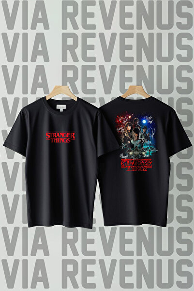 Vordevia Stranger Things İmza Baskılı Bisiklet Yaka Geniş Kalıp Unisex Tshirt