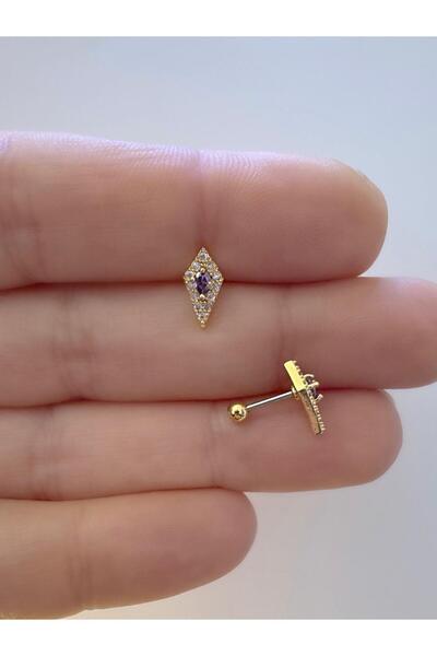 Arescollection 1 adet çelik MOR zirkon taşlı TRAGUS helix lobe uyumlu piercing