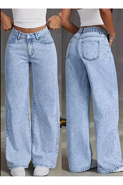 ON KLEEM Μπλε γυναικείο ψηλόμεσο φαρδύ τζιν Blue Snow Wash Palazzo Lycra ελασ...