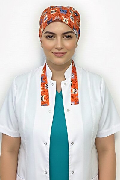 Nur Medikal Giyim Turuncu Tavşan Desenli Tesettür Veteriner Doktor Hemşire Ha...