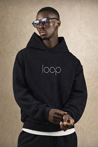 Rivox Men's Black Hooded Oversized Sweatshirt Loop Printed