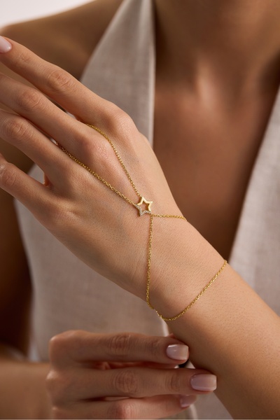 Nereze 925 Ayar Gümüş Gold Kaplama Zirkon Taşlı Yıldız Şahmeran Bileklik