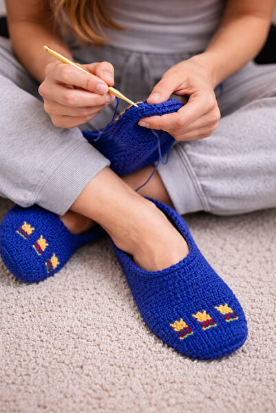 Uzmanistan Handmade Wool Booties – Navy Blue, Nostalgic Patterned, Size 35–38