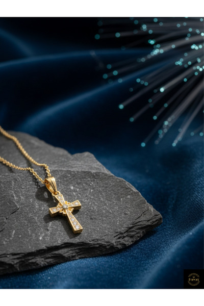 Feron Aksesuar + ZİNCİR HEDİYELİ + Altın & Gümüş Renk Zirkon Taşlı Haç Charm ...