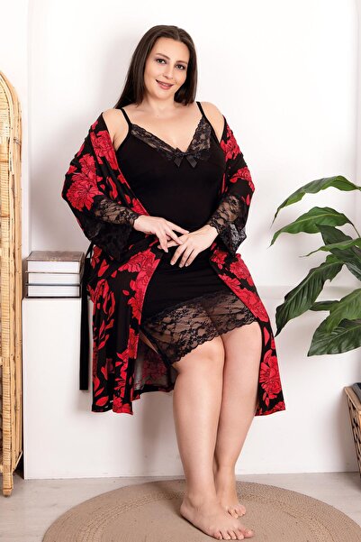 REN Plus size women's lace nightgown red floral Printed dressing gown set, vi...