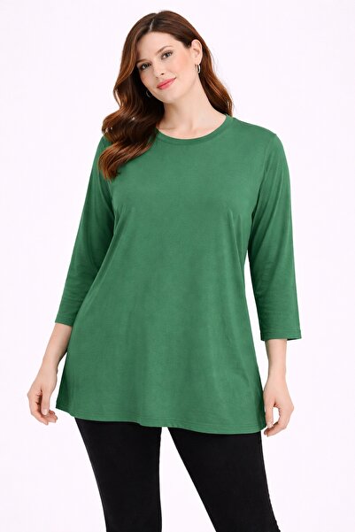 Şans Bluză pentru femei, mărime mare, verde, mânecă trei sferturi, guler rotu...