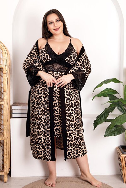 REN طقم رداء نوم نسائي كبير الحجم بنمط الفهد، قماش فيسكوز