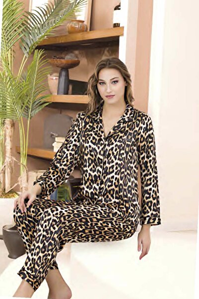 REN Жіночий піжамний комплект з атласної сорочки з леопардовим принтом та ґуд...