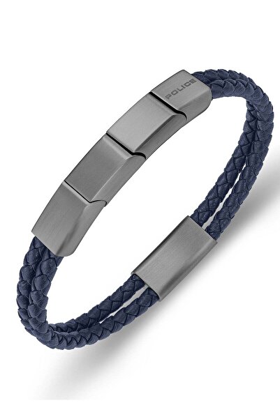 Police Parallel Navy Blue Leather Grey Metal Stainless Steel Gents Bracelet