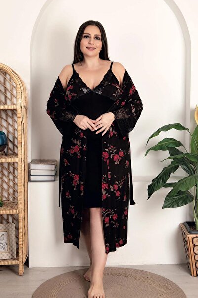 REN مجموعة ثوب النوم والرداء للنساء ذات الحجم الكبير باللون الأسود مطبوع ، قم...