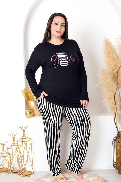 REN طقم بيجامة نسائي أسود مخطط مقاس كبير، قطعة علوية بأكمام طويلة مطبوع، قطعة...