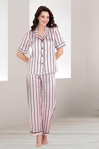 REN Women's pink and black striped short-sleeve satin button-down pajama set
