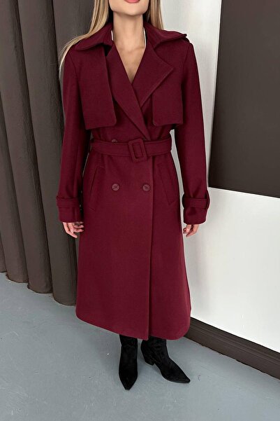 Jaglion Burgundy Belted Lined Premium Relaxed Fit Women's Cashmere Coat