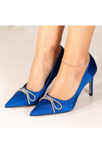 Sofia Store Pantofi dama cu toc subtire din material satinat cu funda decorat...