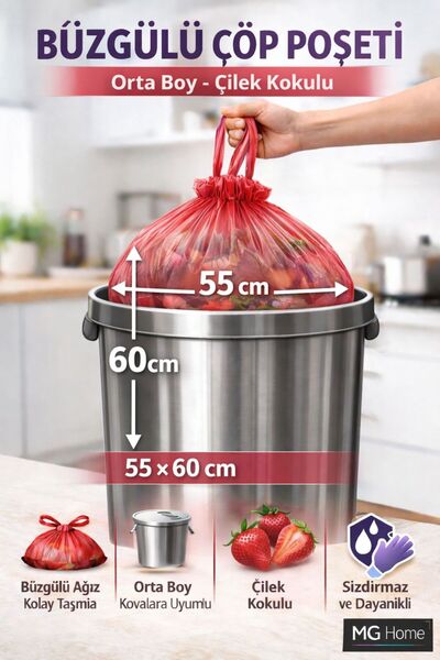 VENON 🍓   5 Packs of 5X10 Drawstring Garbage Bags 🍓   Medium 55X60 40 Lt Drawstring Garbage Bag Strawberry Scented Garbage Bag
