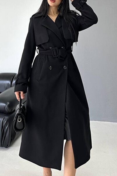 Jaglion Black Belted Lined Premium Relaxed Fit Women's Cashmere Coat