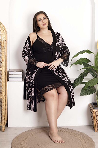 REN Plus size women's lace detailed nightgown dressing gown set, viscose fabric