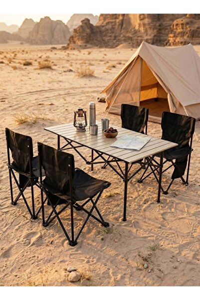 Taimi 5-Piece Folding Camping Set: Table ( 120x55x80cm) & 4 Chairs with Steel...