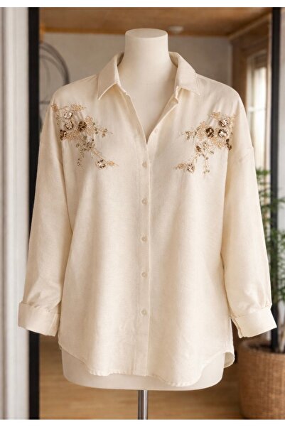 Mrym Boutique Omuzda deri detayı nakışlı pamuk gömlek