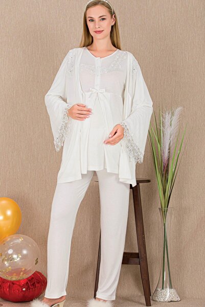 REN Set de pijamale pentru femei însărcinate, cu detalii din guipur, din 3 pi...