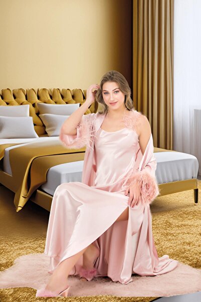 REN Women's Fantasy Satin Nightgown with Feather and Satin Robe Set, Satin Ni...