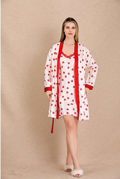 REN طقم ثوب نوم نسائي من الساتان على شكل قلب