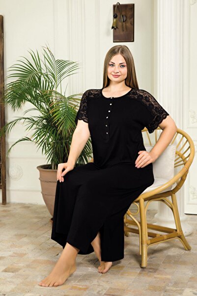 REN Women's Plus Size Black Nightgown, Lace Detailed Long Nightgown, Viscose ...