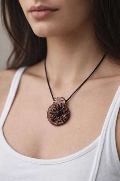 Cogo Seramik Bohemian Sunflower Figured Handmade Ceramic Pendant – Natural Red Clay