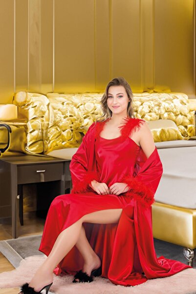 REN Women's Fantasy Satin Nightgown with Feather and Satin Robe Set, Satin Ni...