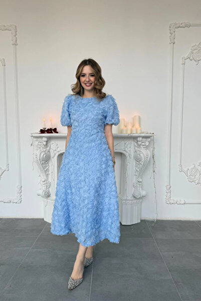 HELİS BUTİK Three-Dimensional Rose Applique Embossed Balloon Sleeve Beige Blu...