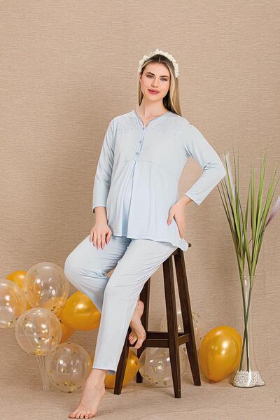 REN طقم بيجامة للحوامل بأكمام طويلة مكون من قطعتين، بأزرار للرضاعة، وأكتاف مك...