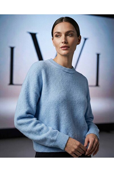 LWL Kadın Bebek Mavisi Bisiklet Yaka Oversize Crop Örme Kazak