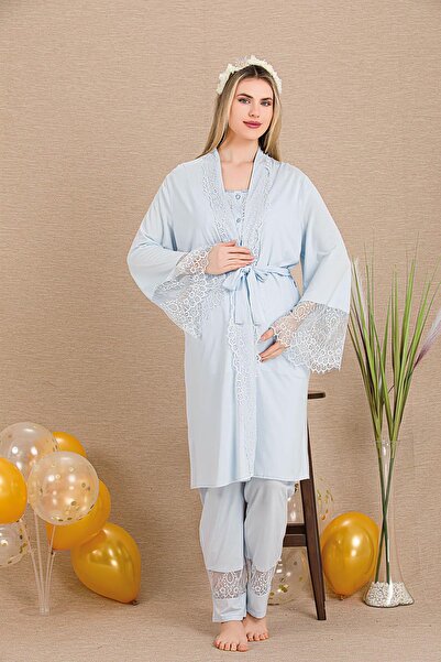 REN Women's Lace Guipure Detailed 3-Piece Maternity Pajama Set, Maternity Dre...