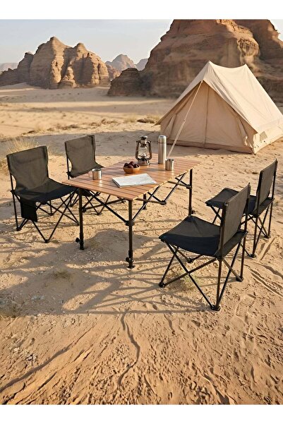 Taimi 5-Piece Folding Camping Set: Table (95x55x80cm) & 4 Chairs with Steel F...