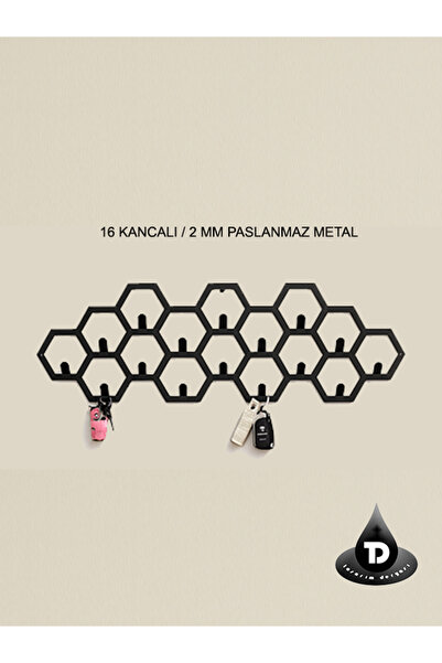 TASARIMDERYASI Altıgen Duvar Askılığı 16 Kancalı | Paslanmaz Metal Duvara Mon...