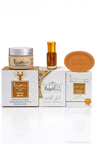 MUSK AL TAHARA 3-Piece Vanilla Misk Set: Musk 6ml, Soap 50g, Glass Mahmariya 50g
