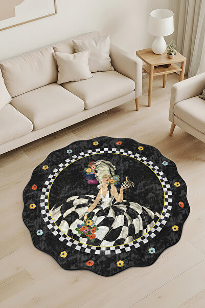 Realhomes Çiçekli Siyah-Beyaz Desenli Özel Kesim Yuvarlak Yıkanabilir Kaymaz ...