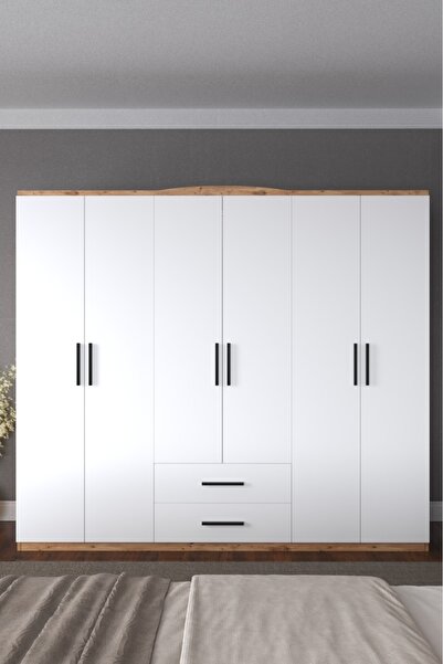 AYMOBSAN Mimoza 6 Kapılı 2 Çekmeceli Gardrop Geniş Dolap Elbise Dolabı Atlant...