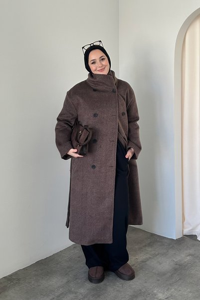 HYWONA Throat Button Detailed Wool Textured Coat Brown