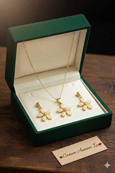 Nefertiti 925 Ayar Gümüş Gold Kaplama Ay Taşı Yasemin Çiçeği Kolye Ve Küpe Ay...