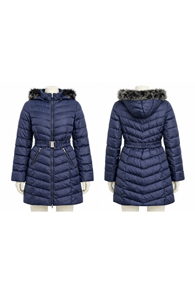 İsvetButik Lacivert Kapüşonlu Kürk Detaylı Kemerli Şişme Mont