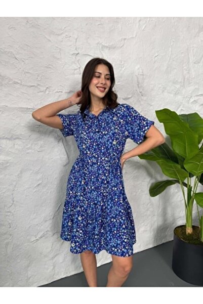 BY BASAK collection Rochie din in imprimat - Albastru Marin-Alb