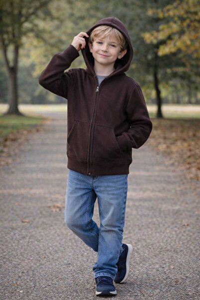 BEBEĞİME ÇORAP Boy's Hooded Kangaroo Pocket Brown Cardigan