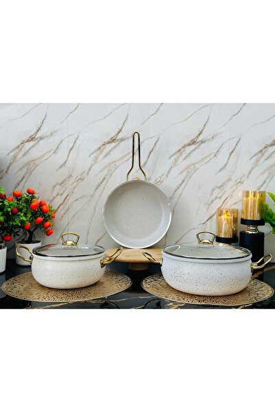 Protef 5 Parça Beyaz Granit Kaplama Tencere & Tava Seti (20 cm + 24 cm)