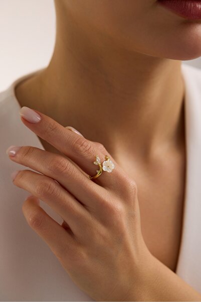 Nereze 925 Ayar Gümüş Ayarlanabilir Gold Kaplama Dallı Manolya Çiçeği Yüzük