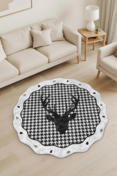 Realhomes Siyah Geyik Desenli Özel Kesim Yuvarlak Yıkanabilir Kaymaz Taban Halı