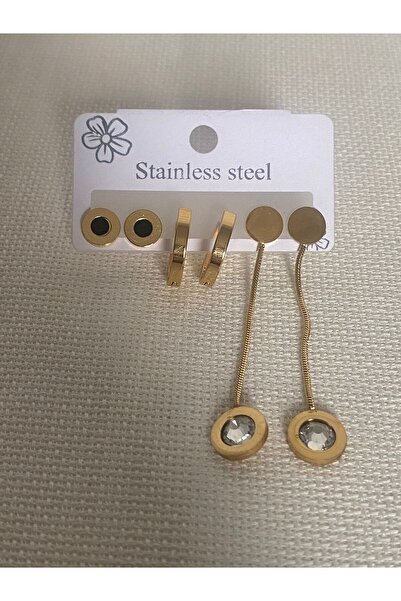 LUXENYA DESİGN Gold Color Stainless Steel Minimal Hoop and Stone Detailed Lon...