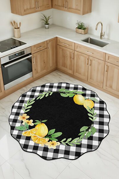 Realhomes Limon Desenli Özel Kesim Yuvarlak Mutfak Halısı - Yıkanabilir Kayma...