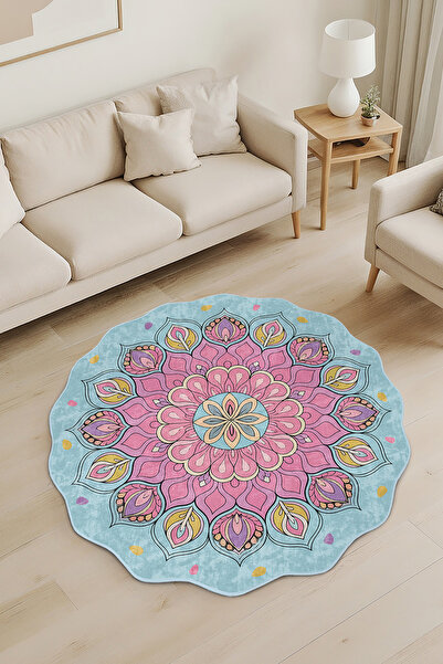 Realhomes Çiçek Desenli Özel Kesim Yuvarlak Yıkanabilir Kaymaz Taban Halı