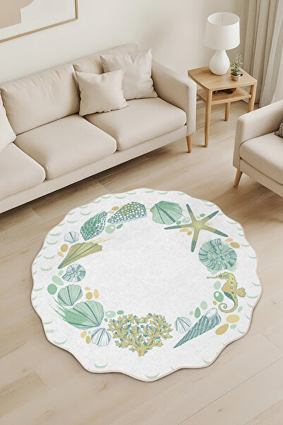 Realhomes Deniz Temalı Deniz Kabukları Desenli Özel Kesim Yuvarlak Yıkanabili...